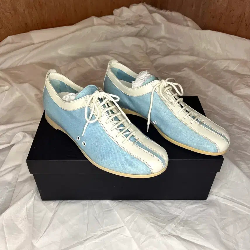 [BUNJANG] Jil Sander Light Blue Canvas Sneakers / 질 샌더 라이트 블루 캔버스 크림 레더 레이스업 스니커즈