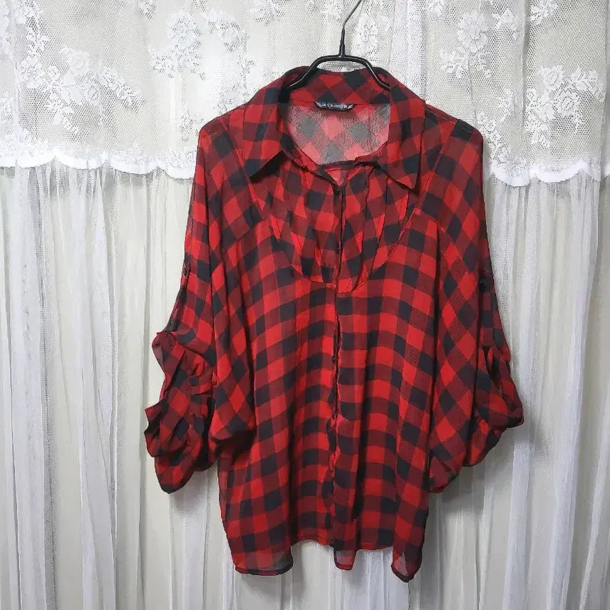 [BUNJANG] SKY BOMB Red Black Check Balloon Blouse / 스카이 봄버SKY BOMB 레드 블랙 체크 벌룬 블라우스