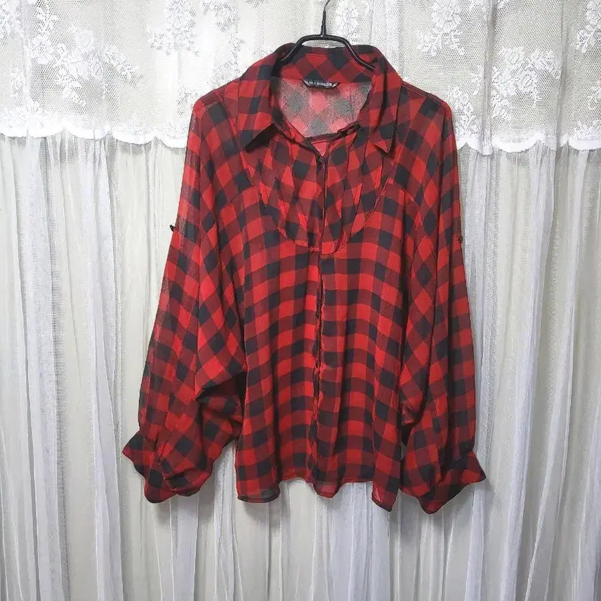 [BUNJANG] SKY BOMB Red Black Check Balloon Blouse / 스카이 봄버SKY BOMB 레드 블랙 체크 벌룬 블라우스