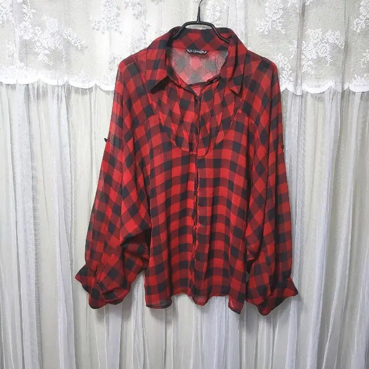 [BUNJANG] SKY BOMB Red Black Check Balloon Blouse / 스카이 봄버SKY BOMB 레드 블랙 체크 벌룬 블라우스