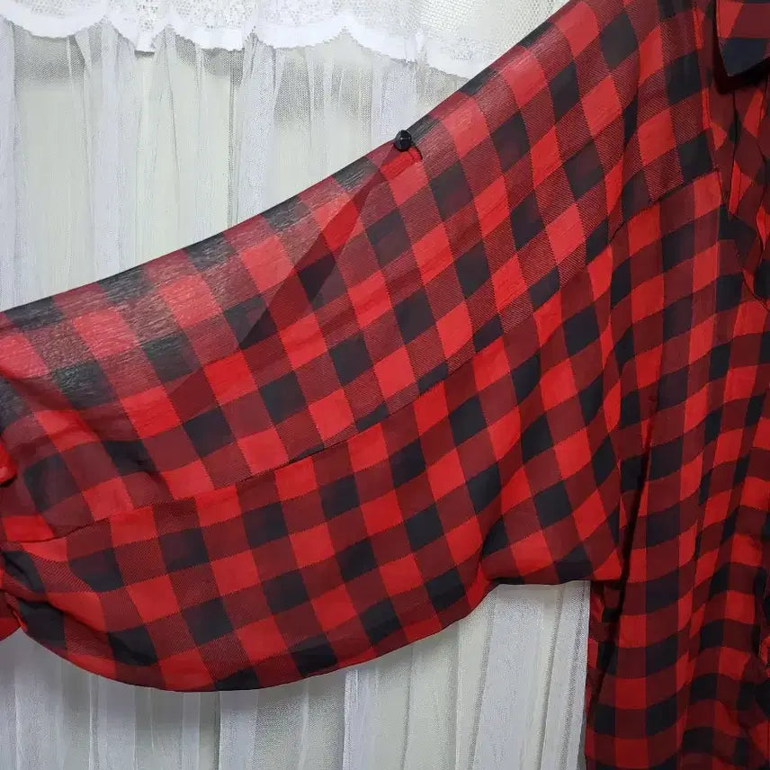 [BUNJANG] SKY BOMB Red Black Check Balloon Blouse / 스카이 봄버SKY BOMB 레드 블랙 체크 벌룬 블라우스