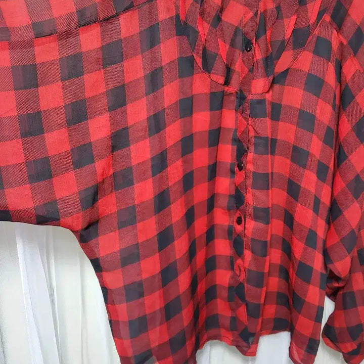 [BUNJANG] SKY BOMB Red Black Check Balloon Blouse / 스카이 봄버SKY BOMB 레드 블랙 체크 벌룬 블라우스