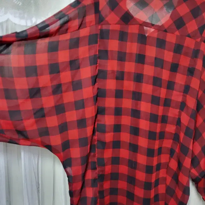 [BUNJANG] SKY BOMB Red Black Check Balloon Blouse / 스카이 봄버SKY BOMB 레드 블랙 체크 벌룬 블라우스