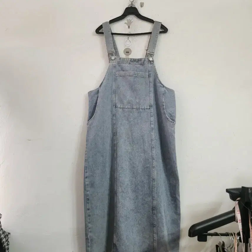 [BUNJANG] Wide Light Blue Denim Overall Dress / 와이드연청 데님 멜빵 원피스