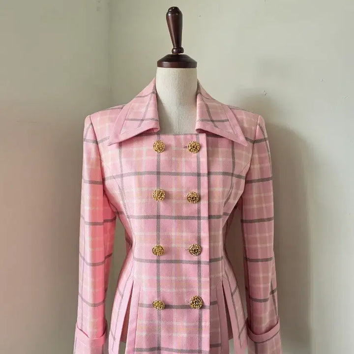 [BUNJANG] Pink Check Double Gold Button Jacket / 핑크 체크 더블 금장 버튼 자켓