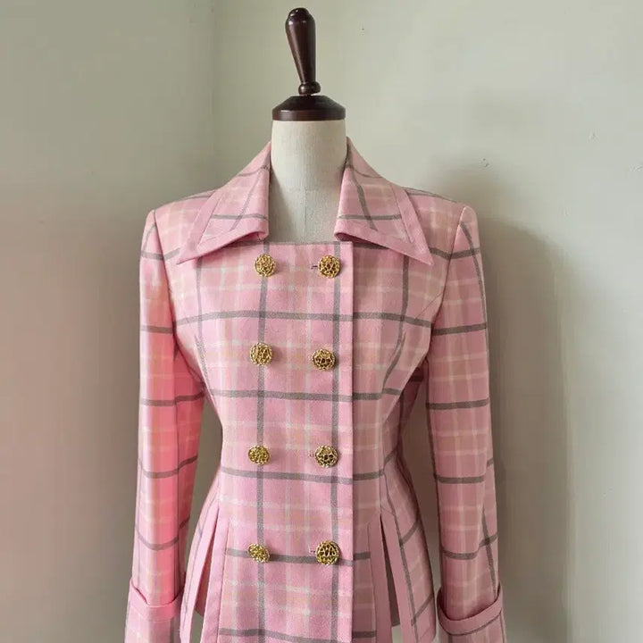 [BUNJANG] Pink Check Double Gold Button Jacket / 핑크 체크 더블 금장 버튼 자켓
