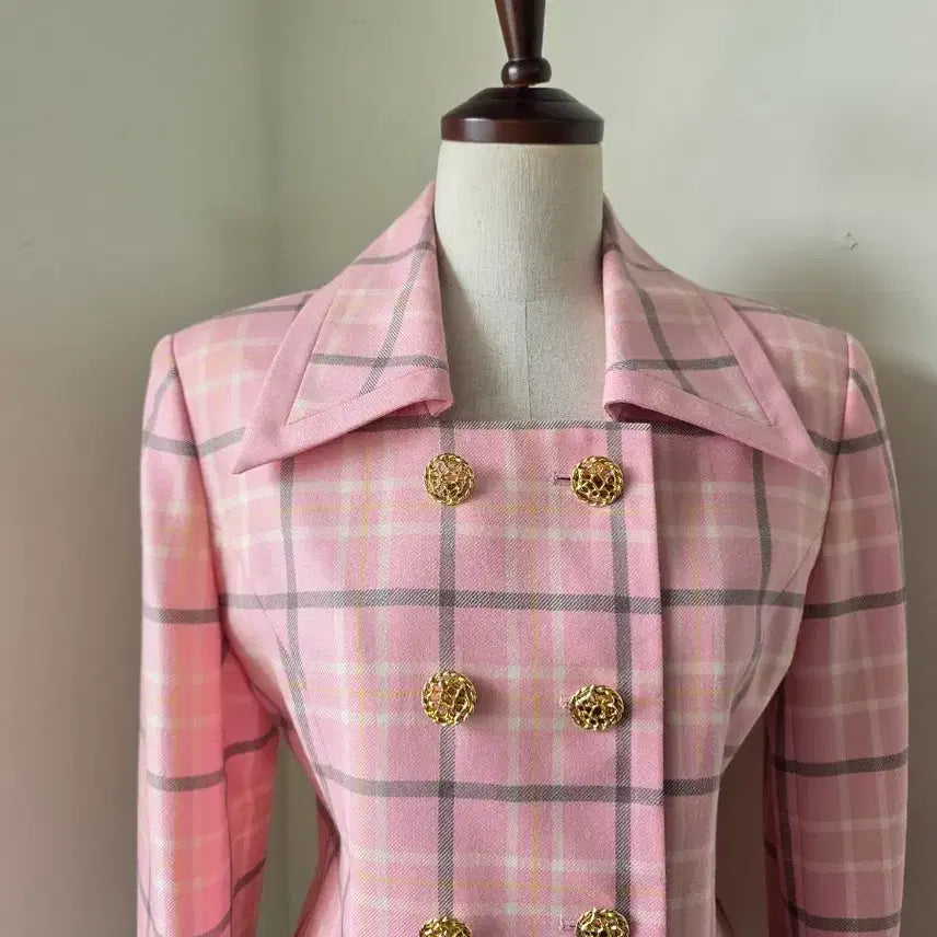 [BUNJANG] Pink Check Double Gold Button Jacket / 핑크 체크 더블 금장 버튼 자켓