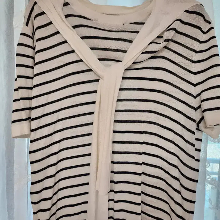 [BUNJANG] Striped Knit Cardigan Top / 줄무늬 반팔 니트 가디건 스타일