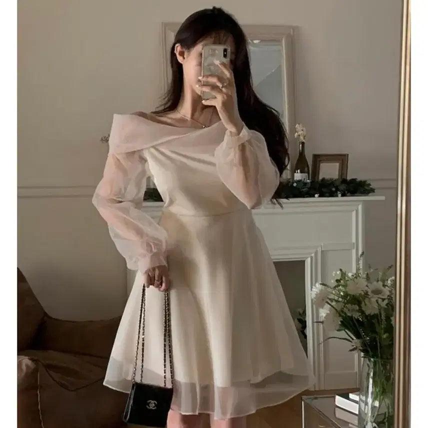 [BUNJANG] Second Second Melli Organza Off-Shoulder Dress Beige / 세컨드세컨 멜리 오간자 오프숄더 원피스 베이지 브라이덜샤워 2부 드레스
