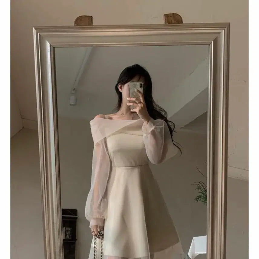 [BUNJANG] Second Second Melli Organza Off-Shoulder Dress Beige / 세컨드세컨 멜리 오간자 오프숄더 원피스 베이지 브라이덜샤워 2부 드레스