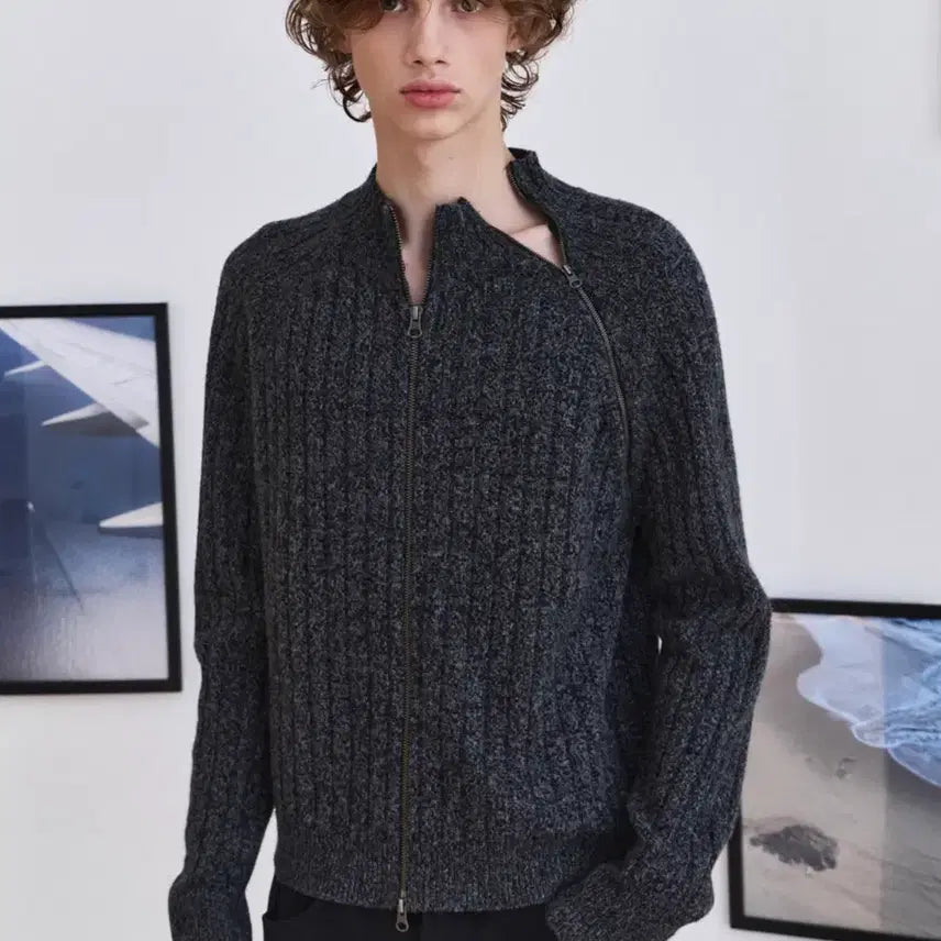 [BUNJANG] WAVINESS Diagonal Full Zip-up Knit Melange Grey / 웨이비니스 다이에그널 풀집업 니트 멜란지 그레이 3