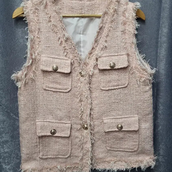 [BUNJANG] Pink Tweed Pocket Vest / 핑크 트위드 포켓 조끼 베스트