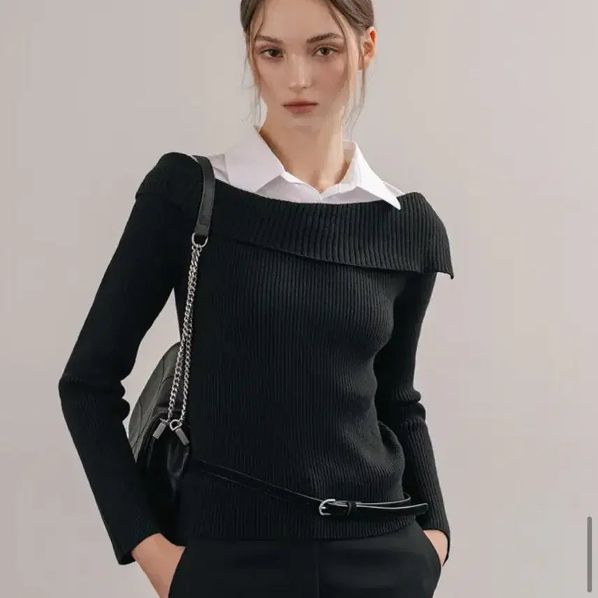 [BUNJANG] Mixxo Off-Shoulder Shirt Collar Pullover Knit / 새상품)미쏘 오프숄더 셔츠카라 풀오버 니트