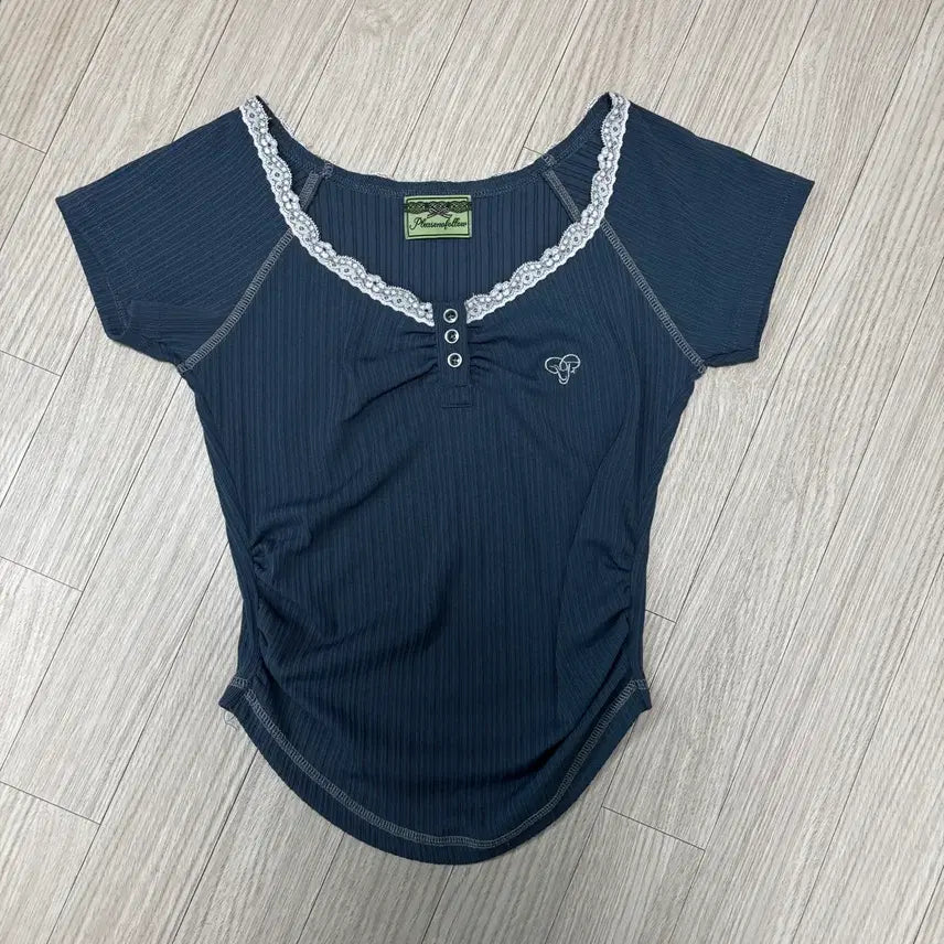 [SOLD OUT] 플리즈노팔로우 다나 버튼 레이스탑 빈티지블루