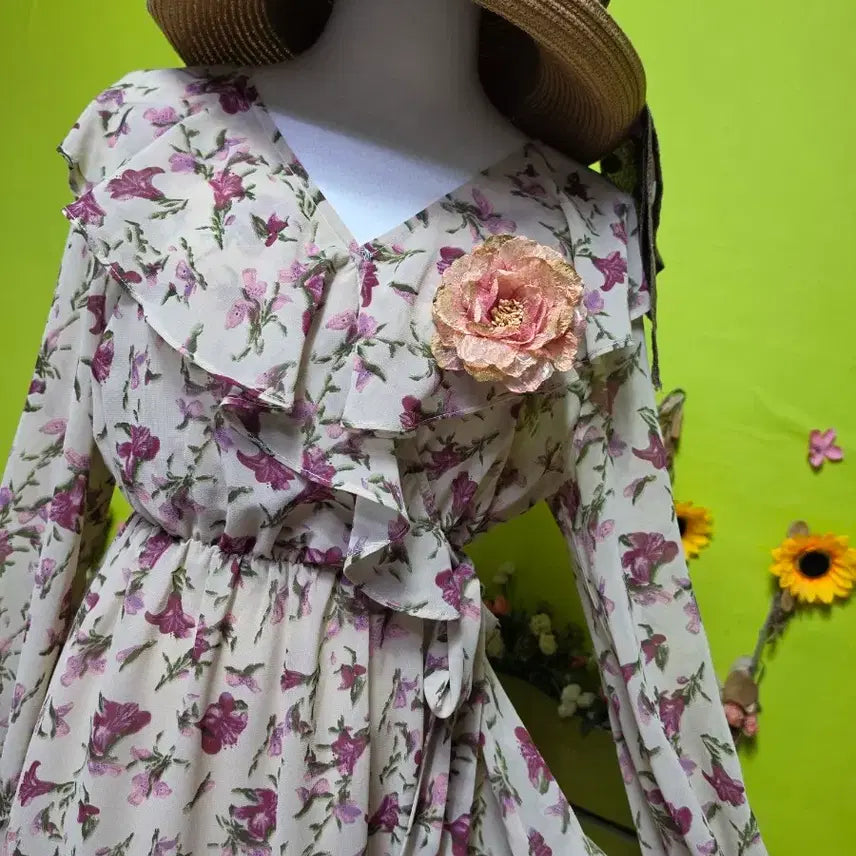 [BUNJANG] Floral Print Chiffon Maxi Dress / 데이트룩/ 셔링넥/ 퍼플꽃 / 리본끈/꽃무늬 쉬폰 롱원피스