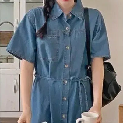 [BUNJANG] Hotping Mid-Blue Denim Long Dress / 핫핑)중청 롱원피스 카라넥데님 청원피스 44~66사이즈 에이블리/지그재그