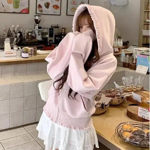 [BUNJANG] Pink Frill Hooded Zip-up / 핑크 프릴 후드집업 여성후드집업