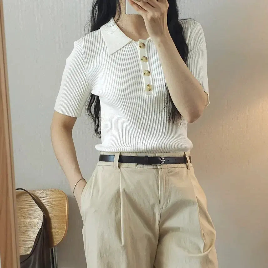 [BUNJANG] NAIN Ivory Slim-Fit Collar Knit Top / (F)NAIN 여성 카라 반팔 니트 슬림핏 아이보리 W3098