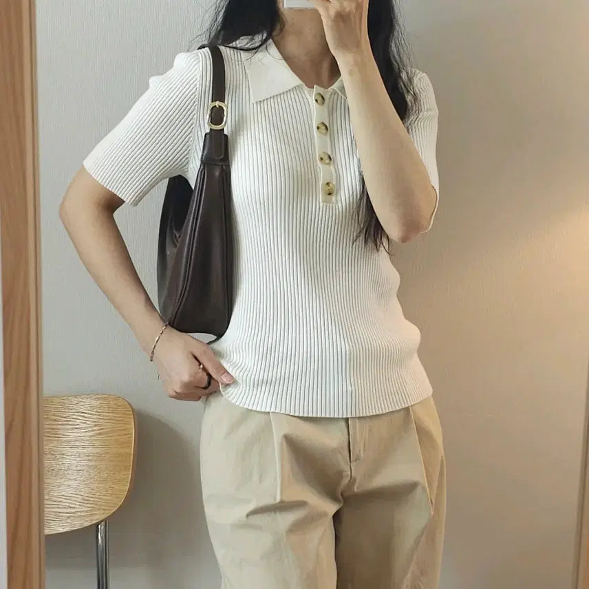[BUNJANG] NAIN Ivory Slim-Fit Collar Knit Top / (F)NAIN 여성 카라 반팔 니트 슬림핏 아이보리 W3098