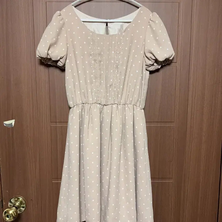 [BUNJANG] Vintage Beige Dot Puff Chiffon Dress / 모리걸 라떼갸루 일본 빈티지 베이지 도트 퍼프 쉬폰 원피스