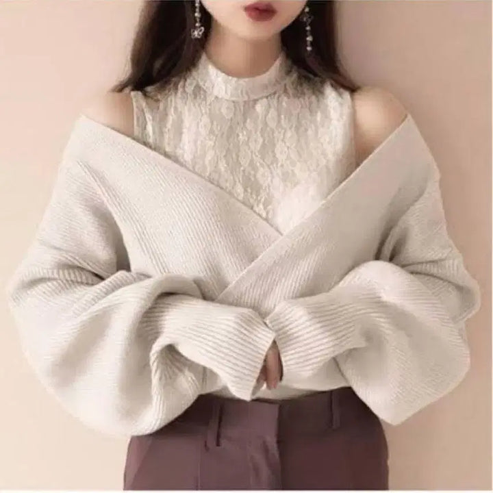 [BUNJANG] GRL Ivory Lace Off-Shoulder Knit Top / 그레일 아이보리 레이스 양산형 지뢰계 오프숄더 어깨트임 니트