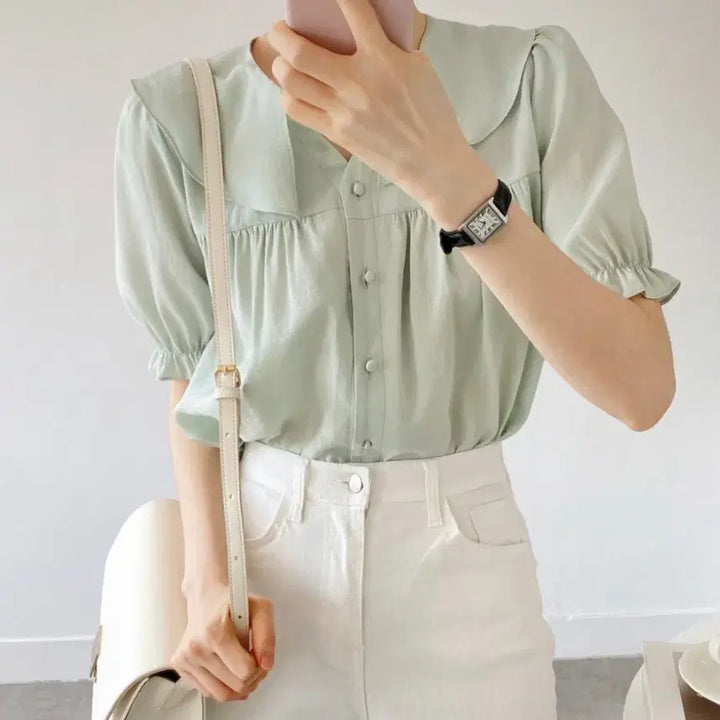 [BUNJANG] Ablie Zigzag Big Collar Ruffle Summer Blouse / 새상품) 빅카라 프릴 콩단추 반팔 여름 블라우스 에이블리 지그재그