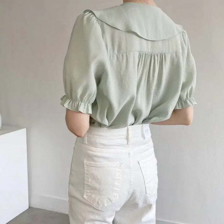 [BUNJANG] Ablie Zigzag Big Collar Ruffle Summer Blouse / 새상품) 빅카라 프릴 콩단추 반팔 여름 블라우스 에이블리 지그재그