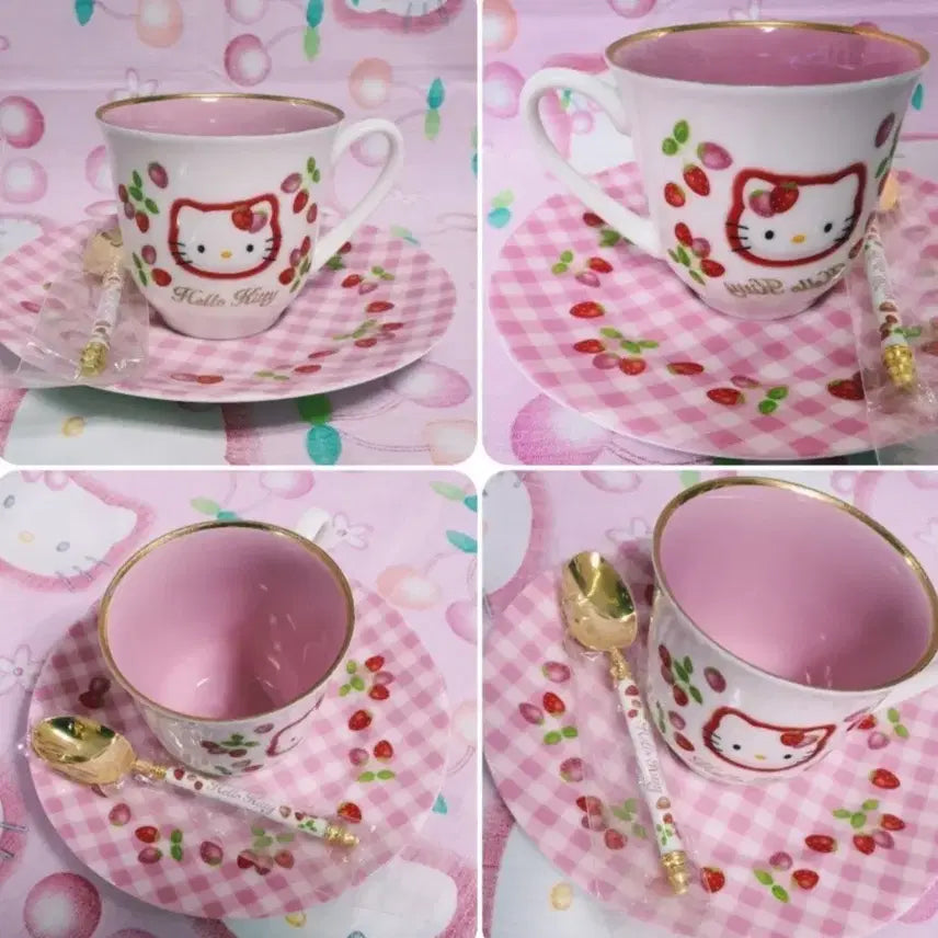 [BUNJANG] Hello Kitty Strawberry Check Tea Cup Set / 고전키티 딸기 체크 찻잔 세트 + 스푼