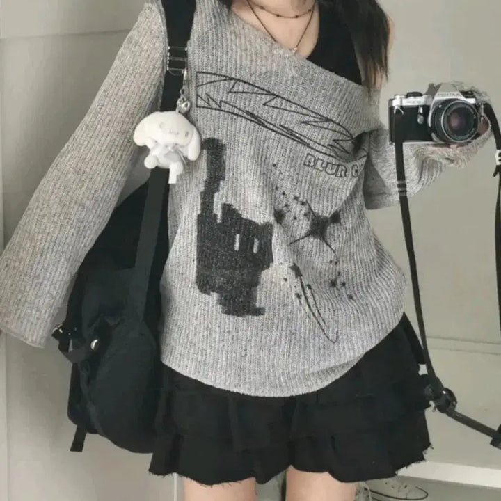 [BUNJANG] Avely Cat Print Knit Top / 에이블리 고양이 프린팅 그물니트