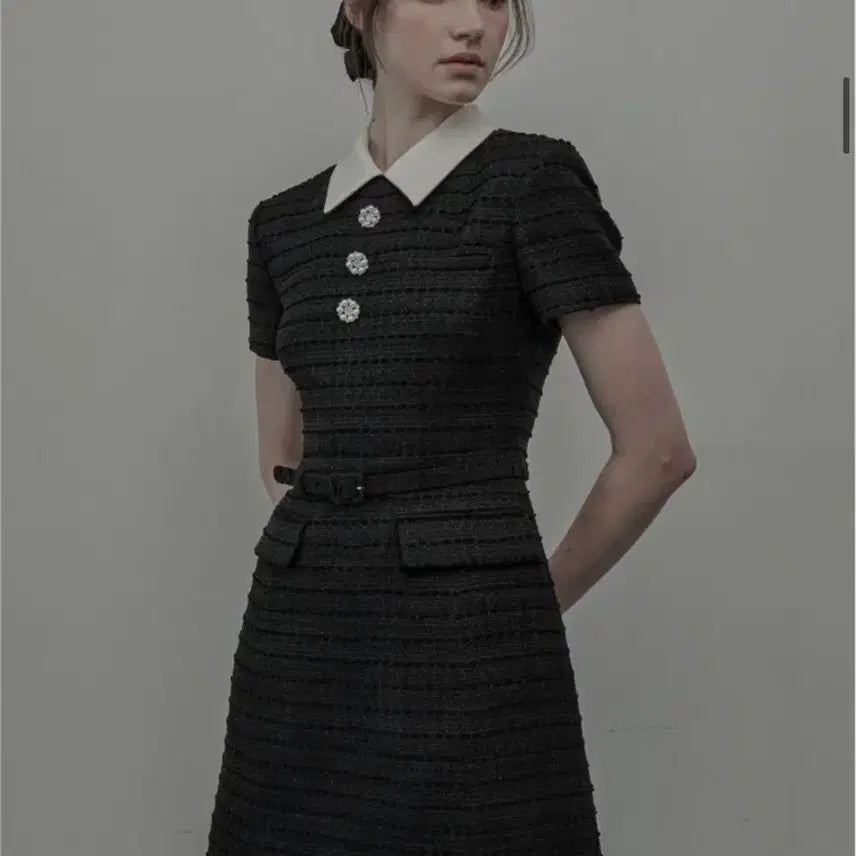 [BUNJANG] Mausoleum Tweed Collared Mini Dress - Black / 마우솔레움 Tweed Collared Dress - Black