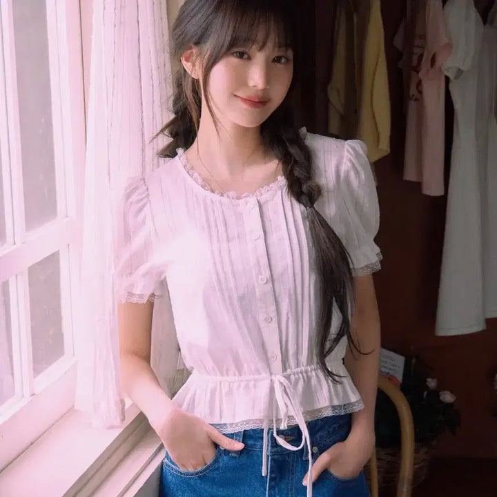 [BUNJANG] RolaRola Frill Shirring Blouse White / [로라로라] FRILL SHIRRING BLOUSE WHITE