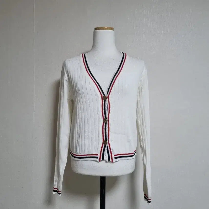 [BUNJANG] White Ribbed Knit Cardigan / 화이트 배색 골지 니트 가디건