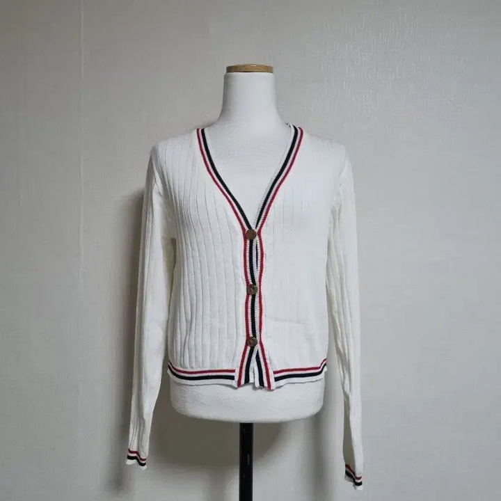 [BUNJANG] White Ribbed Knit Cardigan / 화이트 배색 골지 니트 가디건