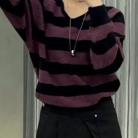 [BUNJANG] Striped Knit Top / 보라색 줄무니 니트