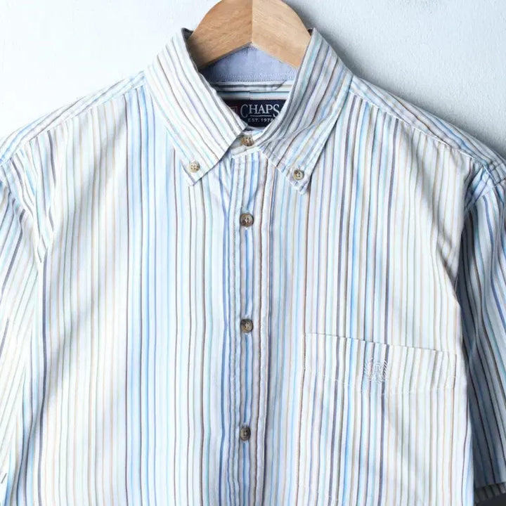 [BUNJANG] Chaps Striped Polo Shirt / (M) 챕스 반팔 카라 티셔츠 셔츠 남방 스트라이프 블루-183A7