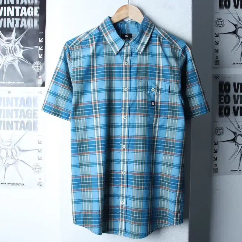[BUNJANG] S-M Checkered Polo Shirt / (S-M) 디씨슈즈 반팔 카라 티셔츠 셔츠 남방 체크 블루-183B1