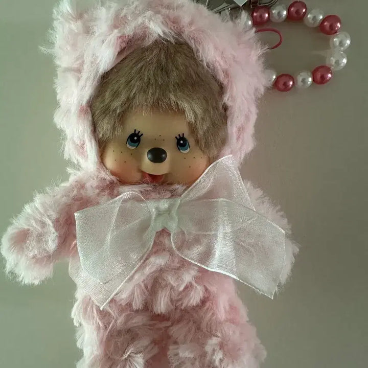 [BUNJANG] Pink Bear Monchhichi Beaded Charm Keychain / 핑크베어 몬치치 키링 새상품