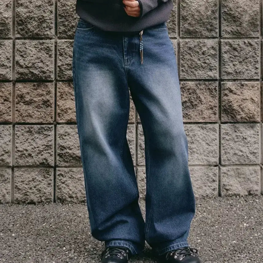 [BUNJANG] L Zero Cinch Back Washed Over Curved Denim Pants Blue / [L] 제로 신치 백 워시드 오버 커브드 데님 팬츠 블루