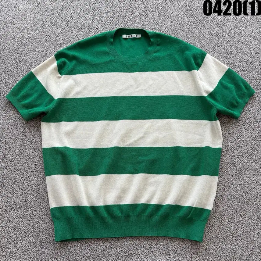 [BUNJANG] SUARE Green White Striped Knit Top / SUARE 그린 화이트 스트라이프 반팔 니트 L