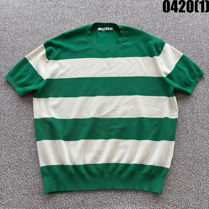 [BUNJANG] SUARE Green White Striped Knit Top / SUARE 그린 화이트 스트라이프 반팔 니트 L