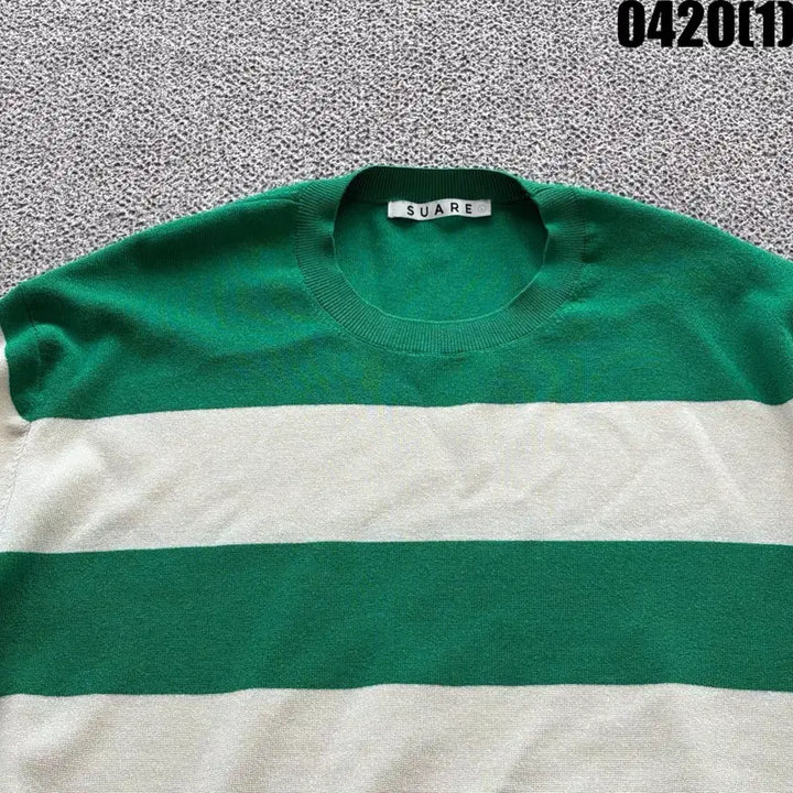 [BUNJANG] SUARE Green White Striped Knit Top / SUARE 그린 화이트 스트라이프 반팔 니트 L