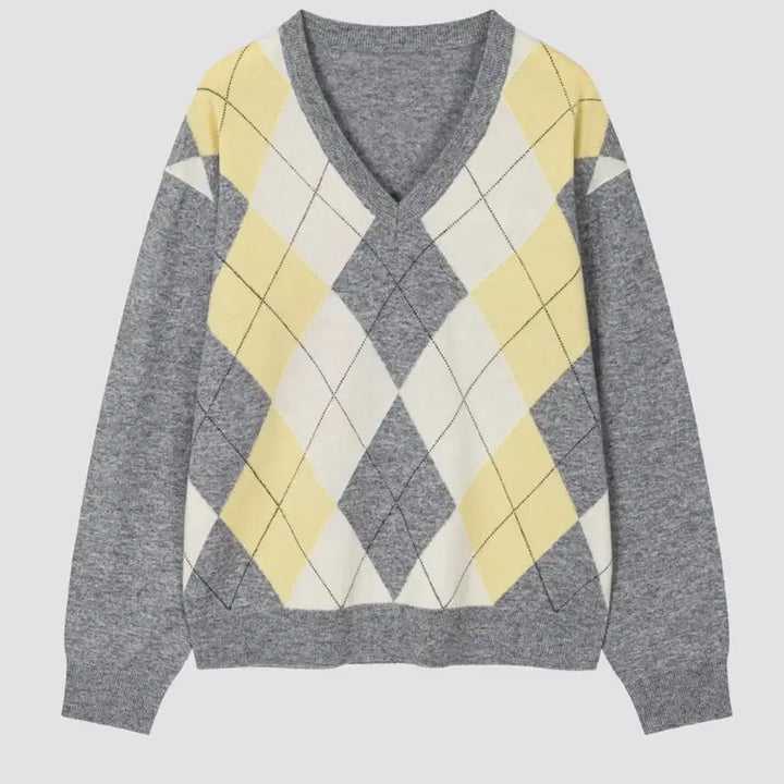 [SOLD OUT] 오버듀플레어 CLASSIC ARGYLE V-NECK KNIT_LEMON/