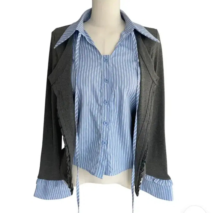 [BUNJANG] Gaenestra Layered Stripe Shirt &amp; Cardigan Set / 가내스라 스트라이프 셔츠 레이어드 가디건세트 페일제이드 리에뜨 퍼빗 하와