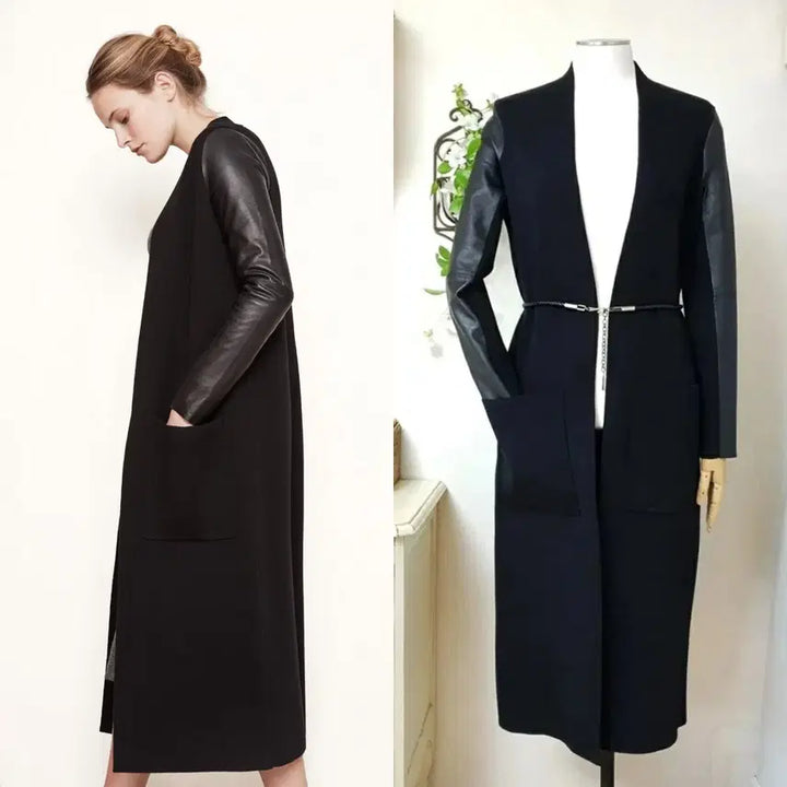 [BUNJANG] MAJE Lambskin Sleeve Open Front Long Coat / MAJE 마쥬 램스킨소매 오픈프론트 슬림 스트레이트핏 롱 코트