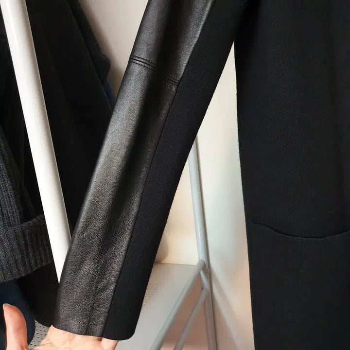 [BUNJANG] MAJE Lambskin Sleeve Open Front Long Coat / MAJE 마쥬 램스킨소매 오픈프론트 슬림 스트레이트핏 롱 코트