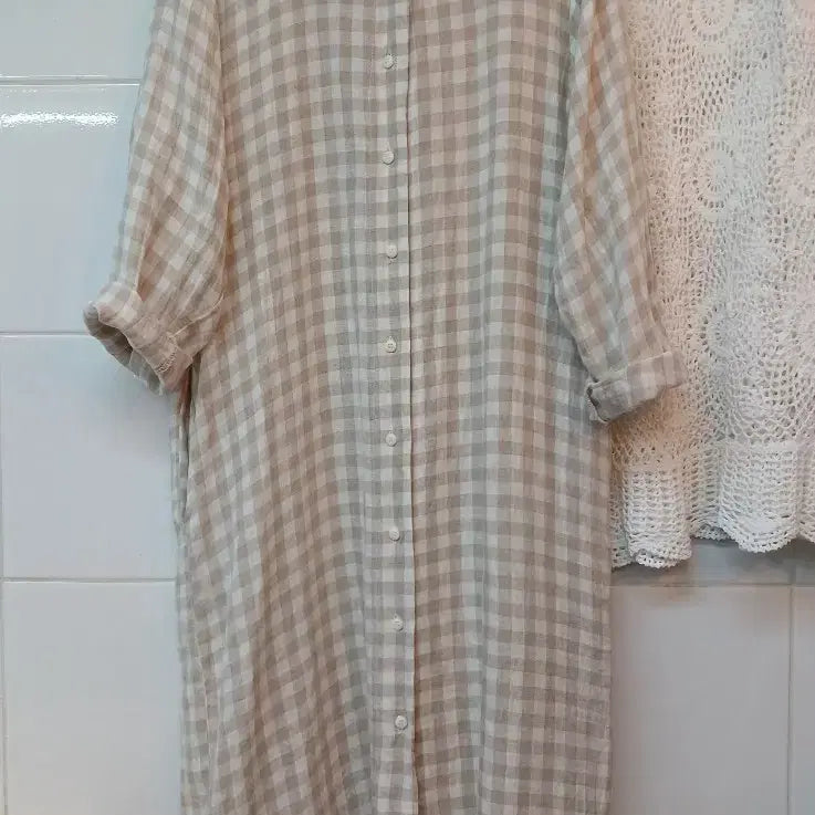 [SOLD OUT] 린넨  체크 롱 원피스 L정도
