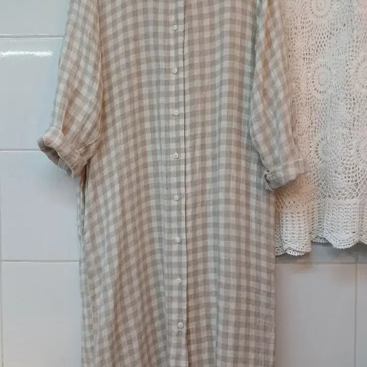 [SOLD OUT] 린넨  체크 롱 원피스 L정도