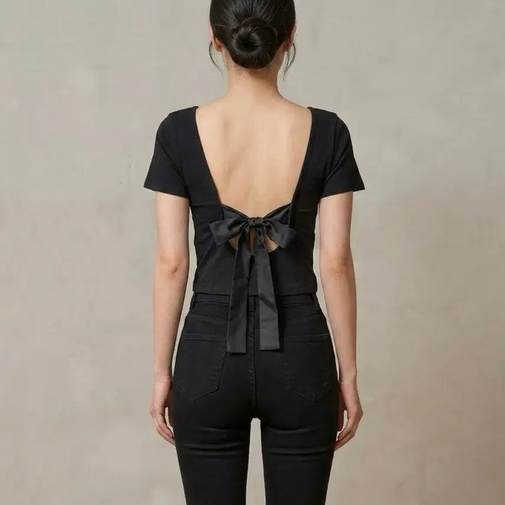 [BUNJANG] Back Ribbon Slit T-Shirt / 백리본 트임 티셔츠