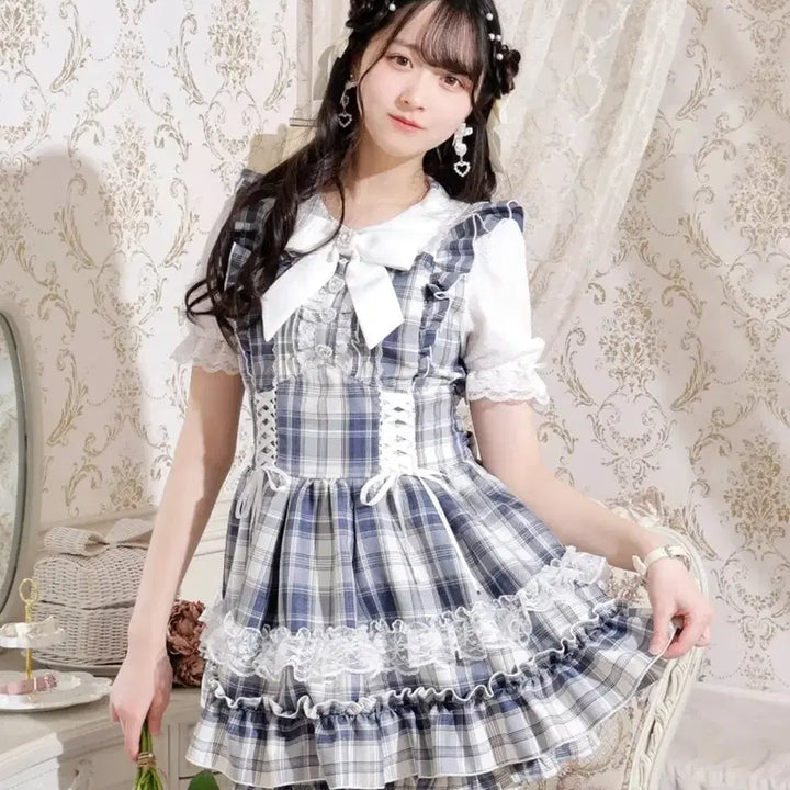 [BUNJANG] Noemi Heart Bijou Lace-up Setup Blue / 노에미 하트 비쥬 레이스업 셋업 블루 미즈이로 양산형 양지뢰 서브컬쳐