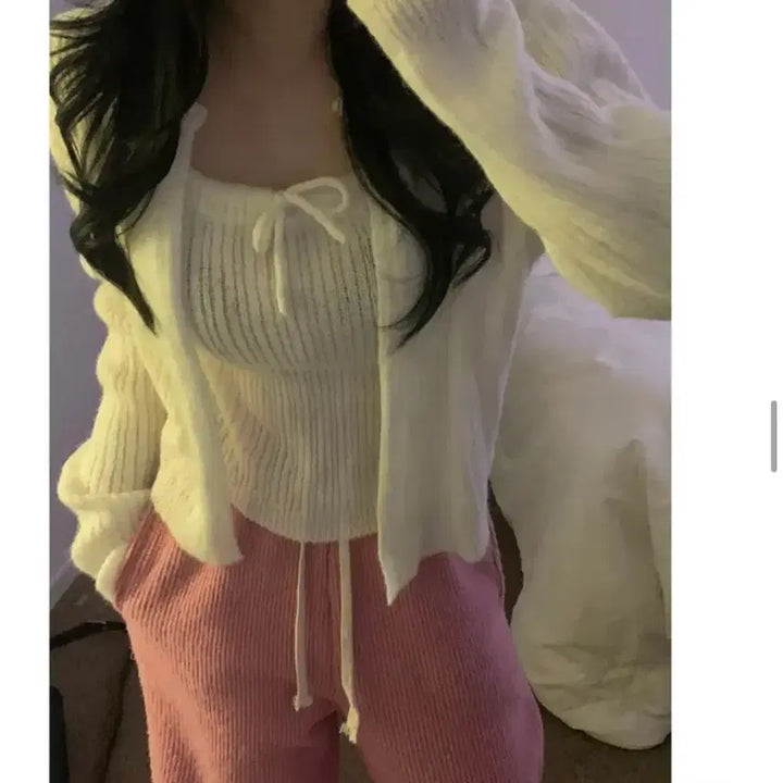 [BUNJANG] Ribbon Knit Tank Cardigan Set / 리본 니트 나시 가디건 세트